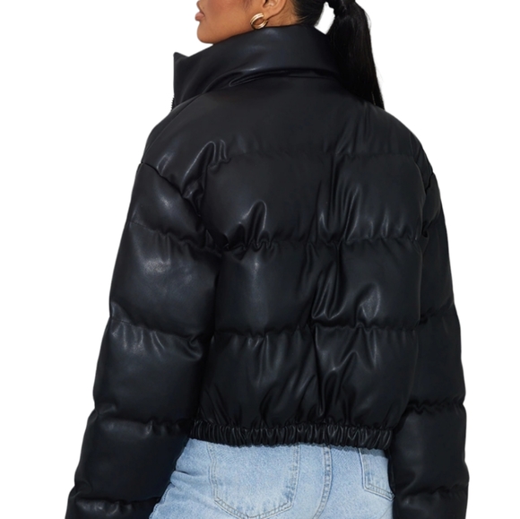 Pretty Little Thing Black Faux Leather Elastic Hem Bubble Puffer Coat, Size L - Picture 2 of 11